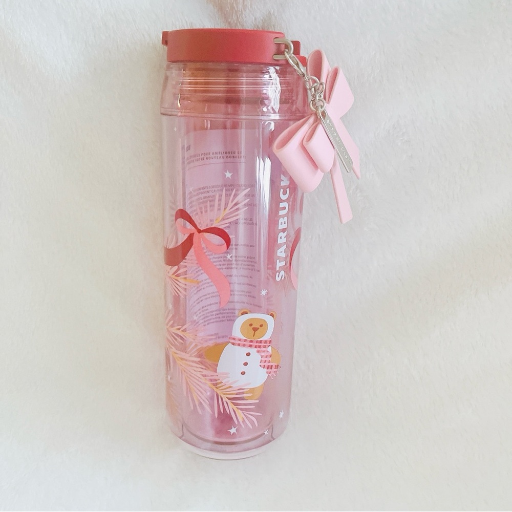 New Starbucks Holiday Christmas 2025 Pink Bears Bow Ribbon Water Bottle 16oz